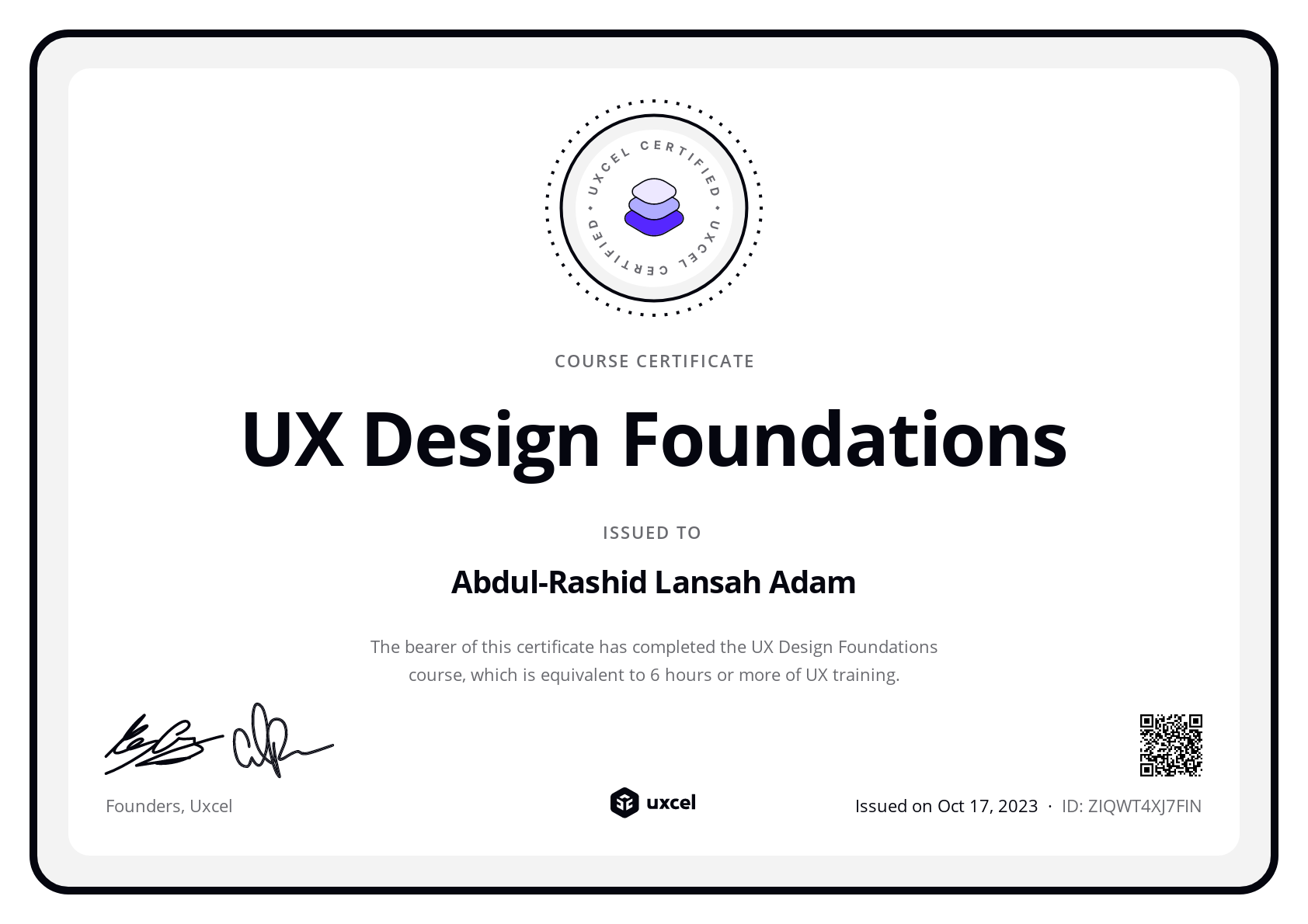 Abdul-Rashid Lansah Adam's certificate